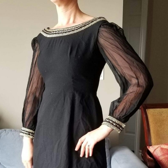 50's Gold Soutache Chiffon Balloon Sleeves Dress - Picture 5 of 9